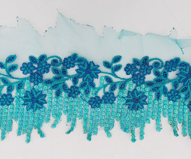 Cyan Blue Net Scallop Lace Trim with Navy Blue Floral Embroidery And Blue Sequins, Sari Border, Embroidered Trim